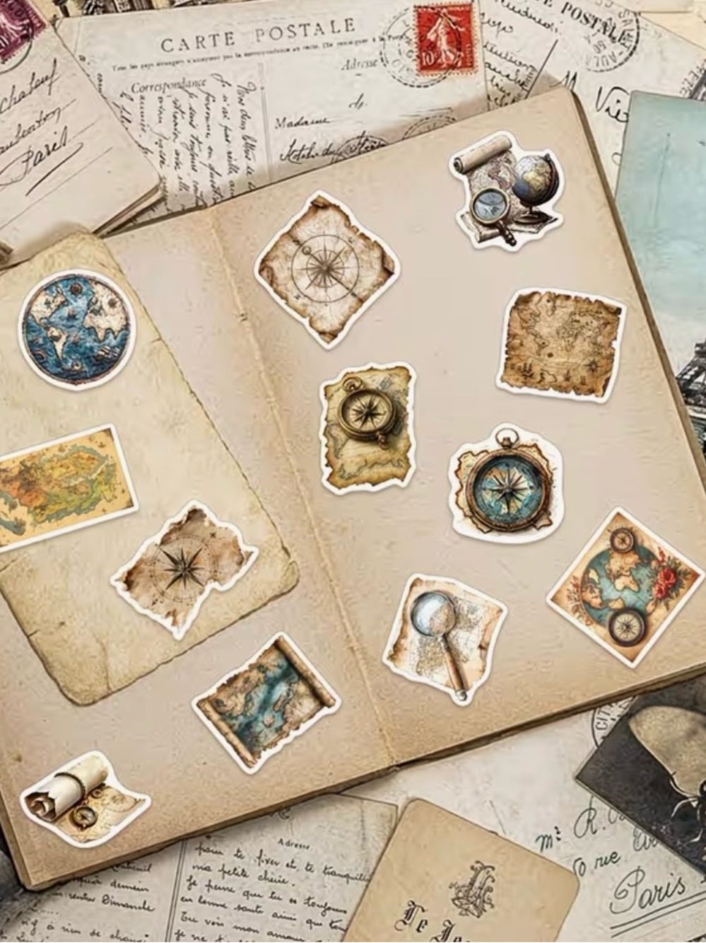 50 Vintage Nautical Map Stickers Travel Adventure Explore Brown & Blue - Picture 8 of 9